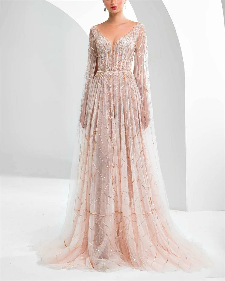 Women's Pink V-neck Mesh Sequin Dress