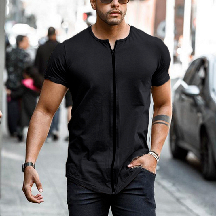 Streetwear Solid Color Short Sleeve Zipper Crew Neck Shirts for Men at Hiphopee