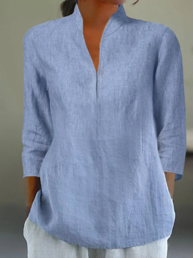 Solid Color Spring And Autumn Cotton Linen Casual Top With Stand Collar