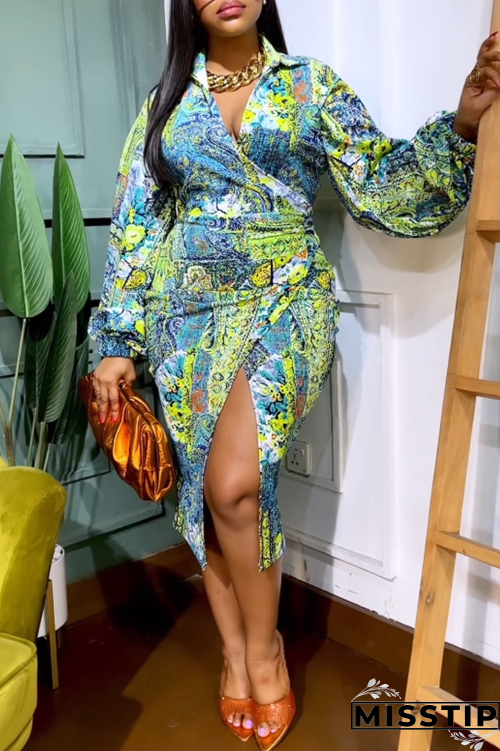 Green Casual Daily Elegant Simplicity Asymmetrical Printing Contrast Shirt Collar Long Sleeve Dresses