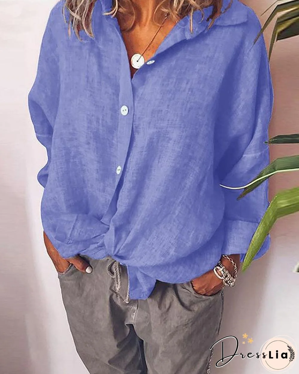 Women's Lapel Cardigan Two-tone Cotton Single-breasted Long Sleeve Shirt