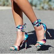 Multicolor Striped Satin Open Toe Wrap Strap Heeled Sandals