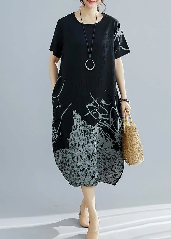 Natural black print cotton clothes For Women plus size Shape o neck Dresses Summer Dress