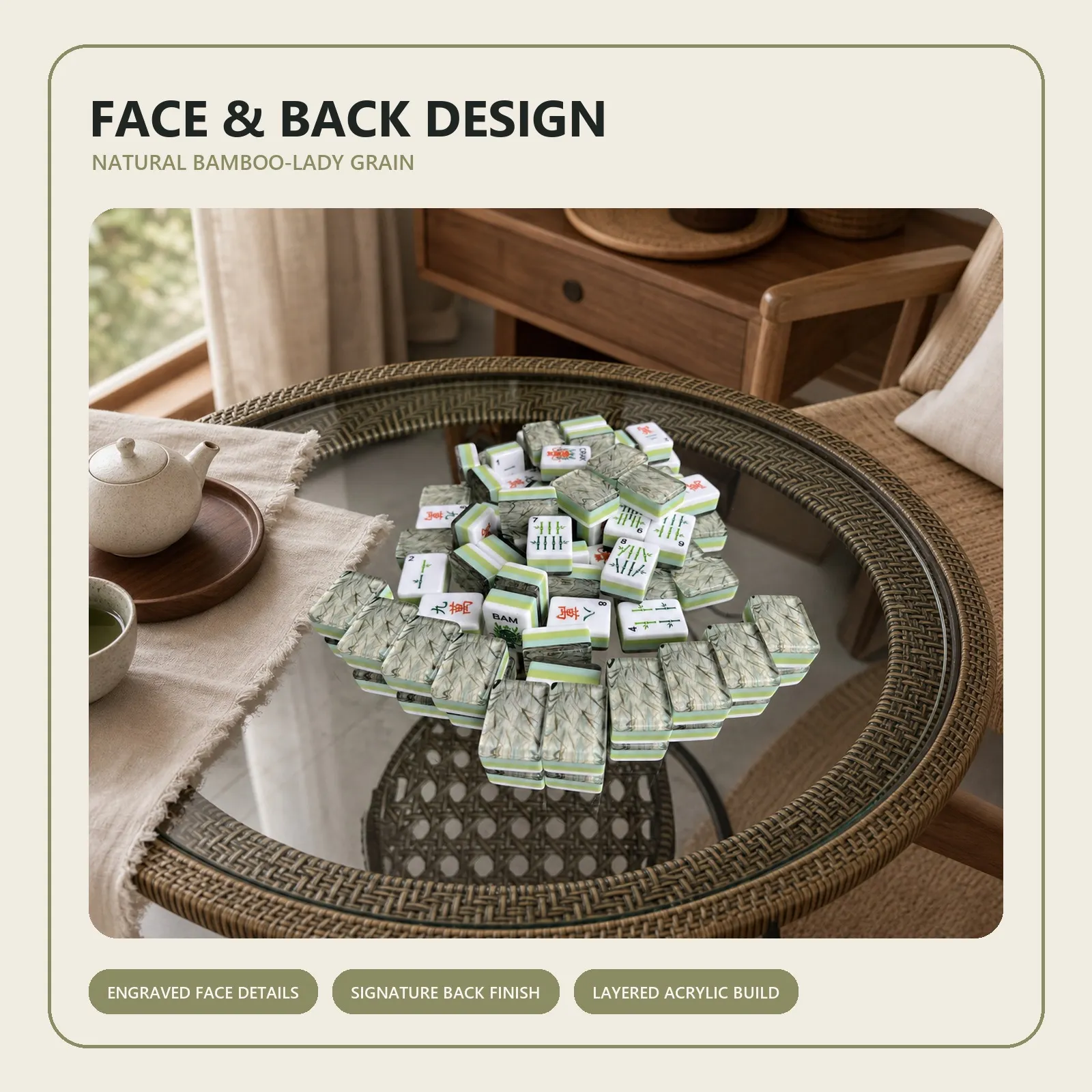Bamboo Lady tiles showing engraved faces and layered edges.