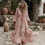 Women's Vintage Roses Floral Art Flowy Linen Maxi Dress - Image 2