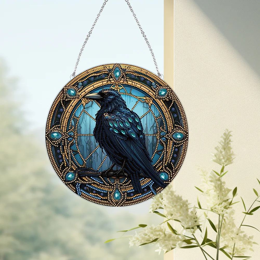DIY Stained Glass Crow Acrylic Special Shaped Hanging Diamond Painting Art Pendant Suncatcher Home Windows Decor 