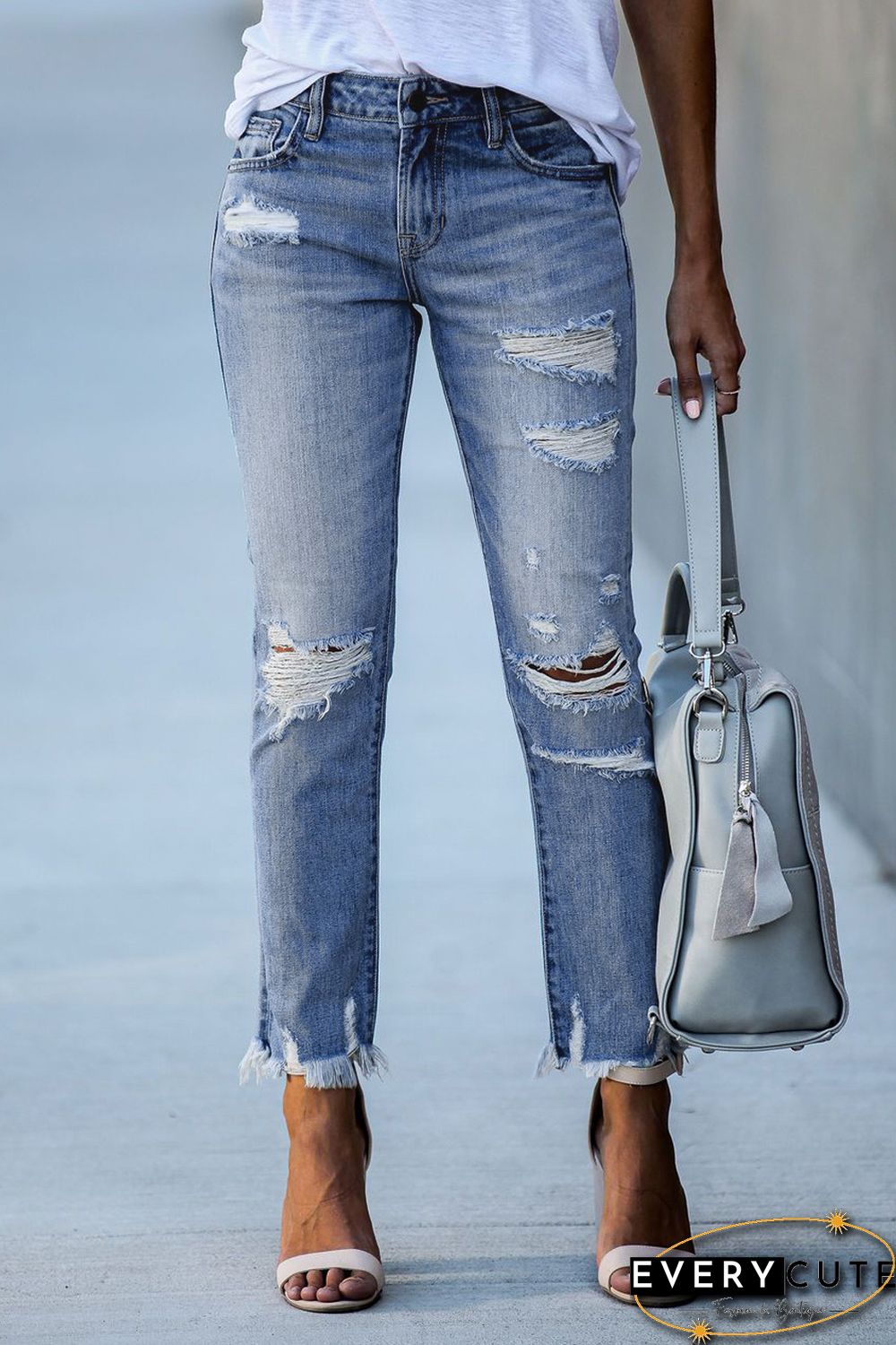 Light Blue Distressed Boyfriend Denim Pants