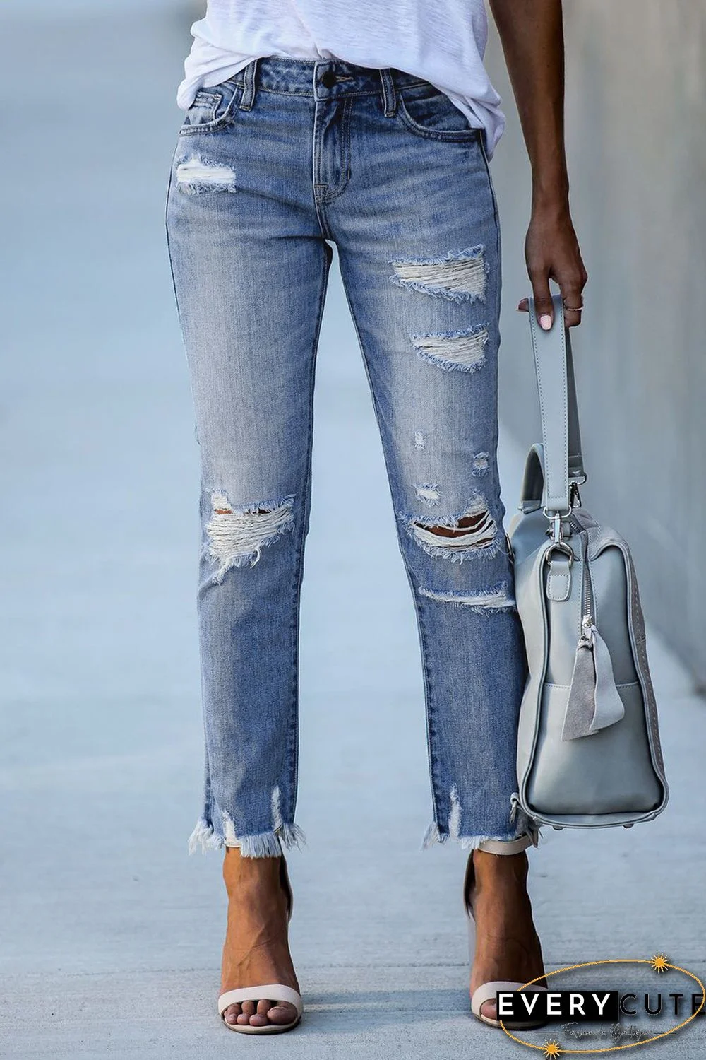 Light Blue Distressed Boyfriend Denim Pants
