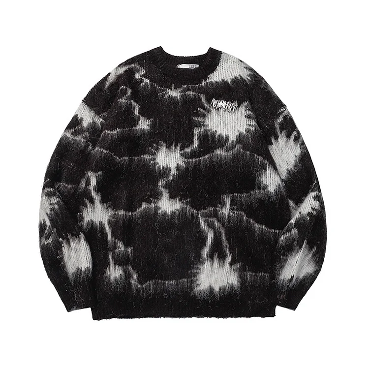 Street Hip Hop Tie-Dye Plus Fleece Sweater Loose Round Neck Sweater at Hiphopee