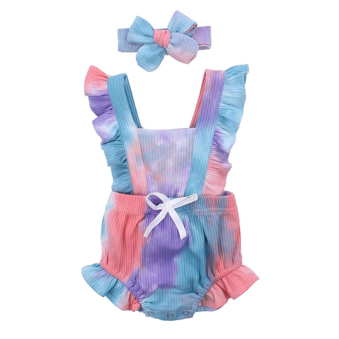 Newborn Baby Girls Summer Tie Dye Outfits Sleeveless Gradient Ruffled Romper + Headband 2Pcs Clothes Set