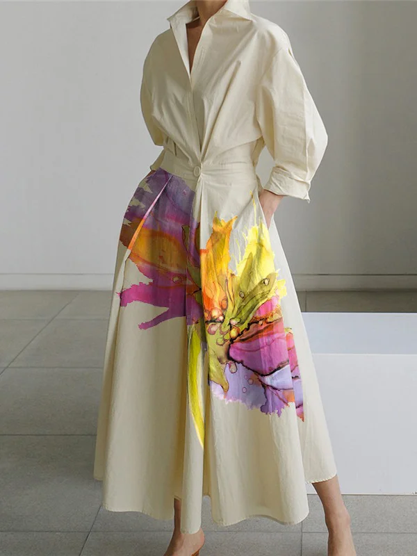 Long Sleeves Loose Floral Printed Pleated Split-Joint Tied Waist Lapel Midi Dresses Shirt Dress