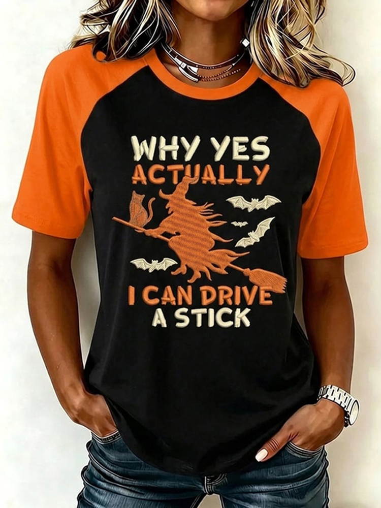 Comstylish Women's Retro Halloween Theme Pattern I Can Drive A Stick Print Short-sleeve T-shirt