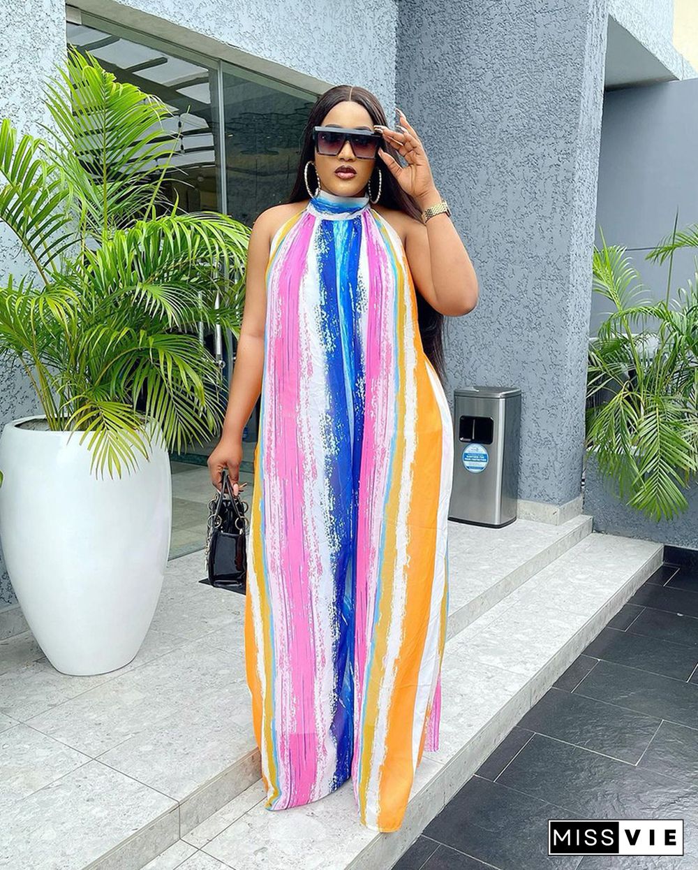 Tie Dye Striped Printed Sleeveless Loose Jumpsuits