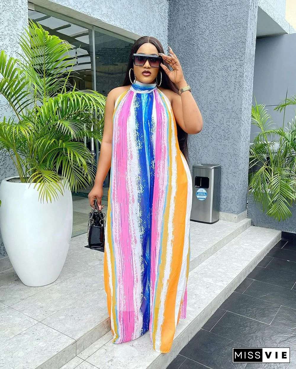 Tie Dye Striped Printed Sleeveless Loose Jumpsuits