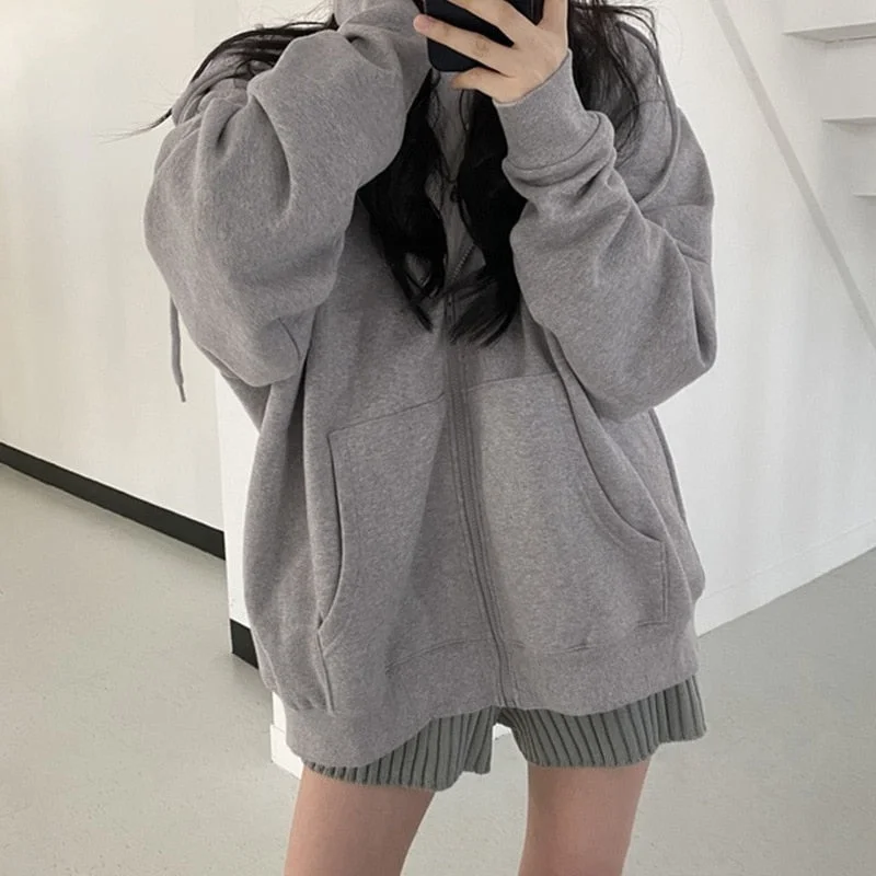 Sonicelife Early Autumn New border Autumn/Winter Zipper Hooded Sweater Women's Loose Cardigan Top Grey Plush Thickened Plush Solid Coat