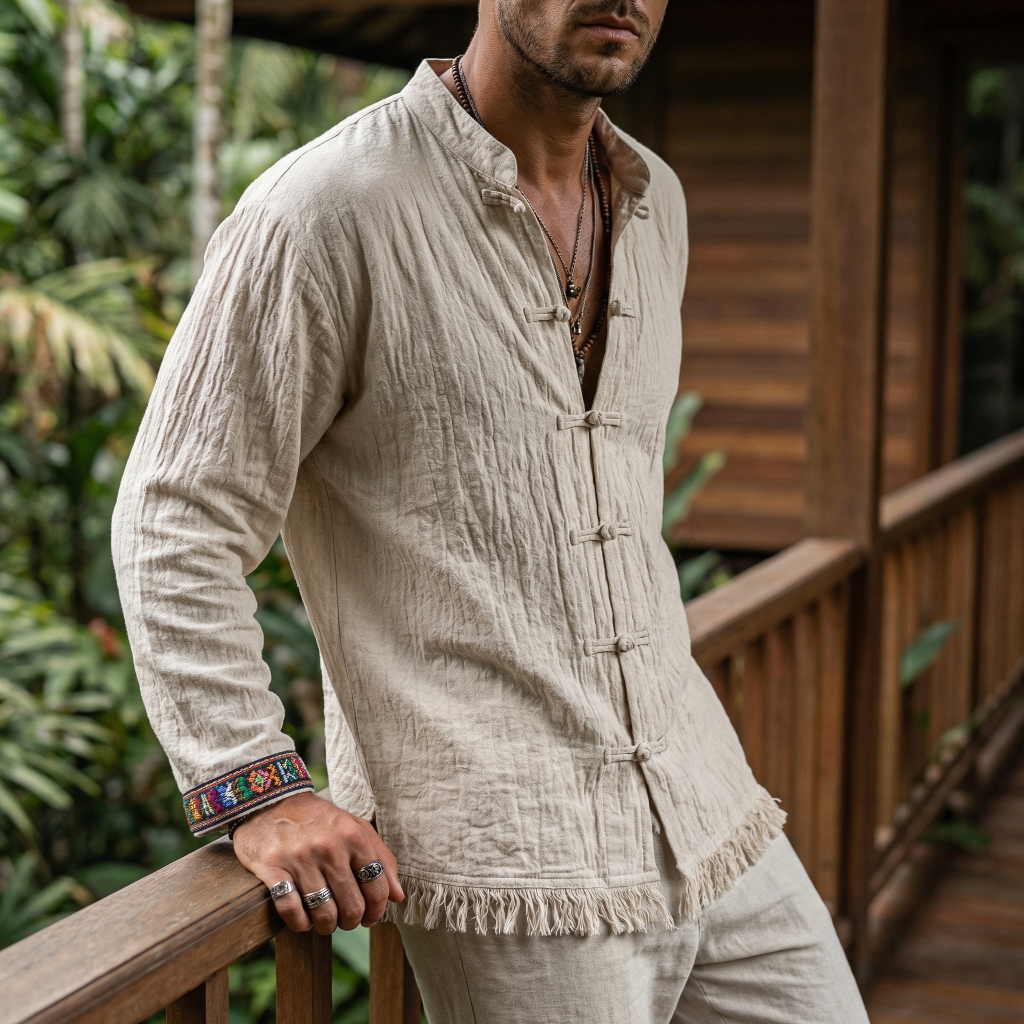 Linen-Blend Draped Long Sleeve Tunic with Fringed Hem for Men