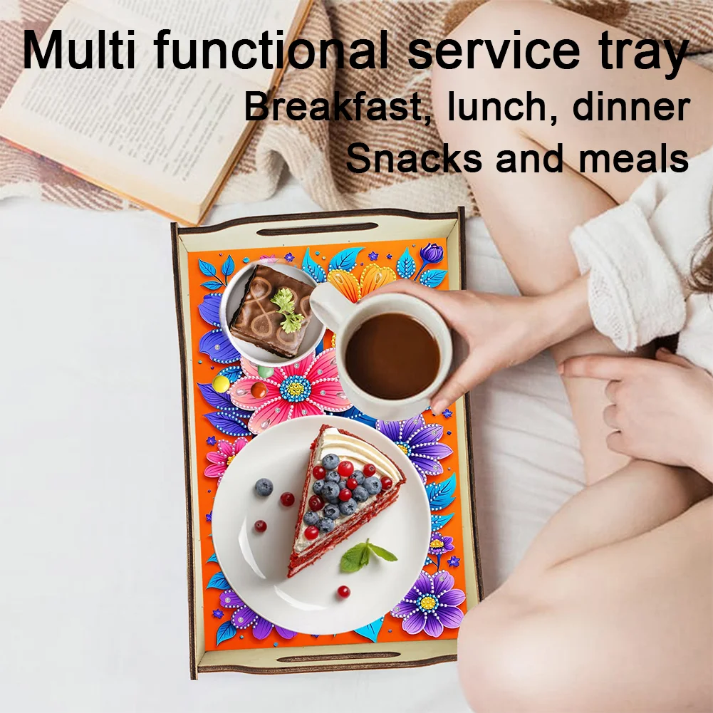 DIY Diamond Painted Dining Plate with Handle Wooden Food Tray Home Decor Gift