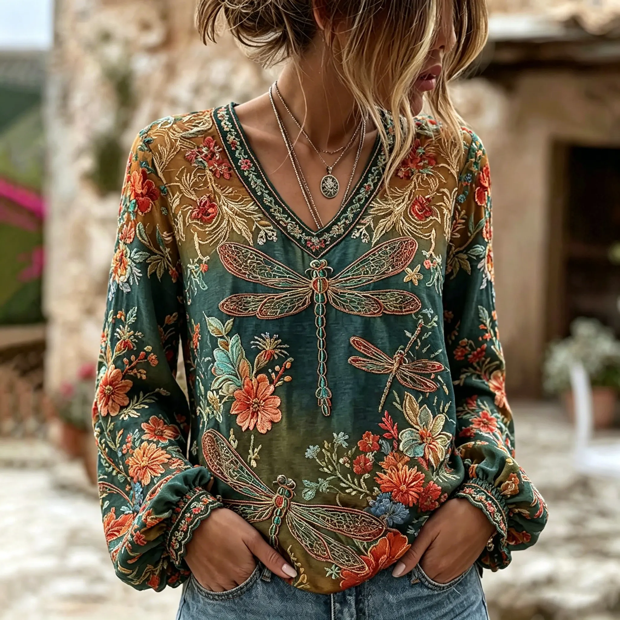 Comstylish Women's Vintage Hippie Floral And Dragonfly In Patchwork Pattern Art Embroidered Linen Blend Tops