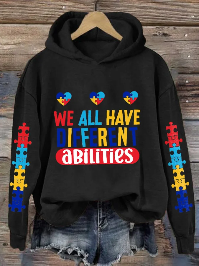 Retro Autism Awareness We All Have Different Abilities Print Hoodie socialshop