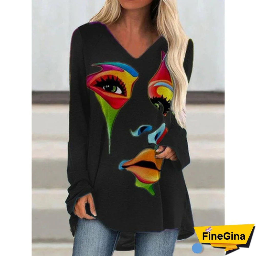 Women Fashion Casual Printed V Neck Long Sleeved Shirts & Tops Graffiti Print T-shirt