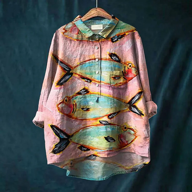 Women's Creative Abstract Cartoon Fish Graffiti Art Print Casual Lapel Blouse