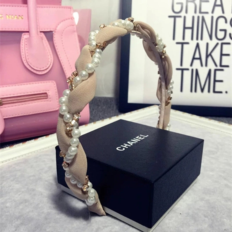 Women’s Fashion C Shape Cloth Handmade Artificial Pearls Rhinestones Hair Band