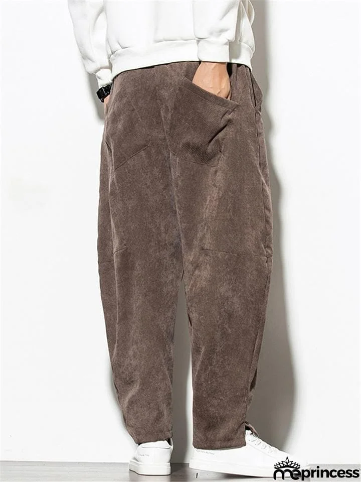 Mens Corduroy Elastic Waist Drawstring Loose Harem Pants