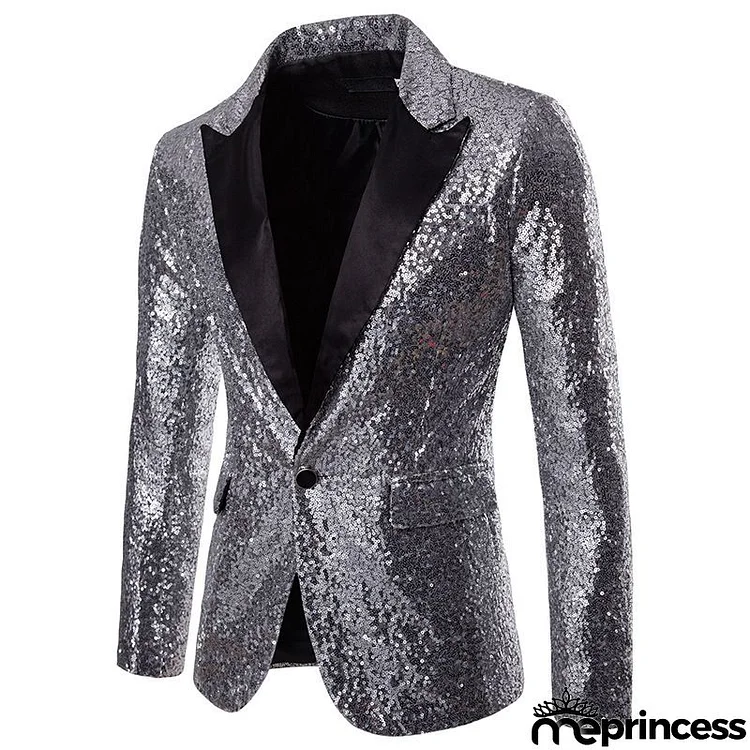 Men Fashion Party Dress Solid Color Sequin Lapel Coat