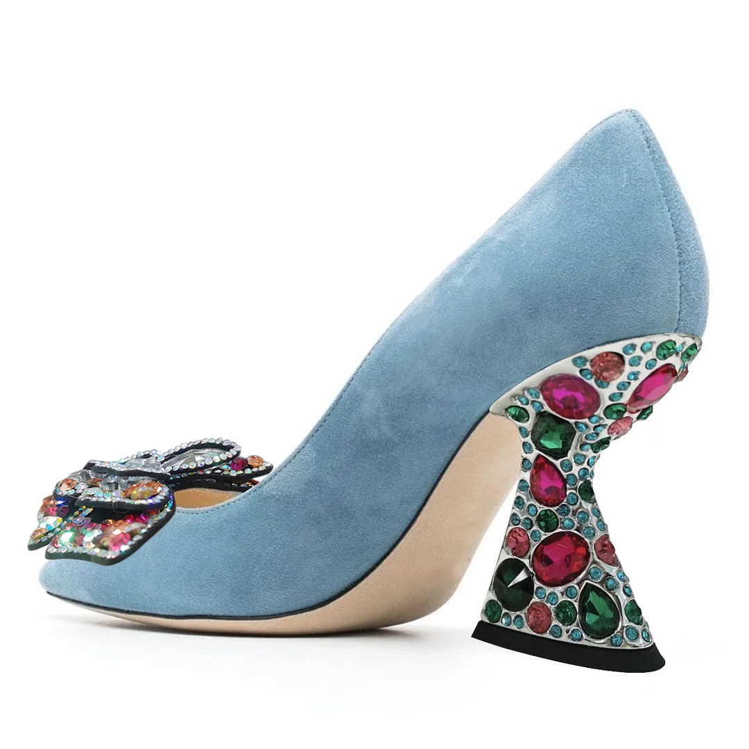 Sky Blue Faux Suede Pointed Toe Rhinestone Butterfly High Heels