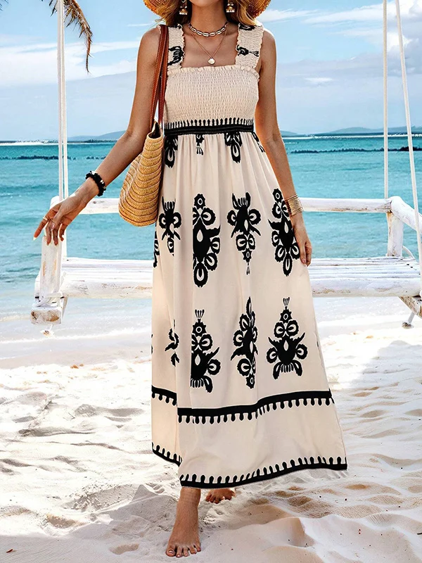 Split-Joint Printed Pleated Elasticity Sleeveless Loose Square-neck Maxi Dresses