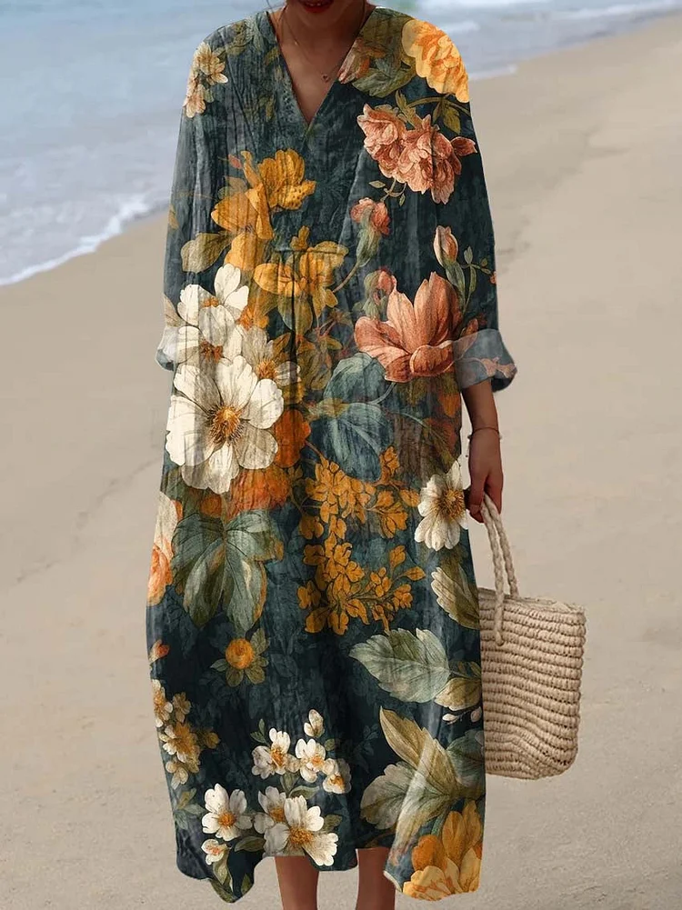 Women's Vintage Floral Pattern Art Print Cotton Dress
