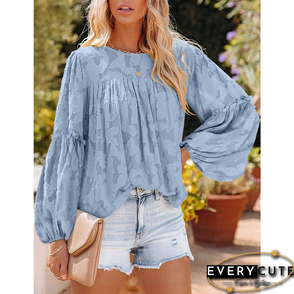 Light Blue Jacquard Puff Long Sleeve Blouse
