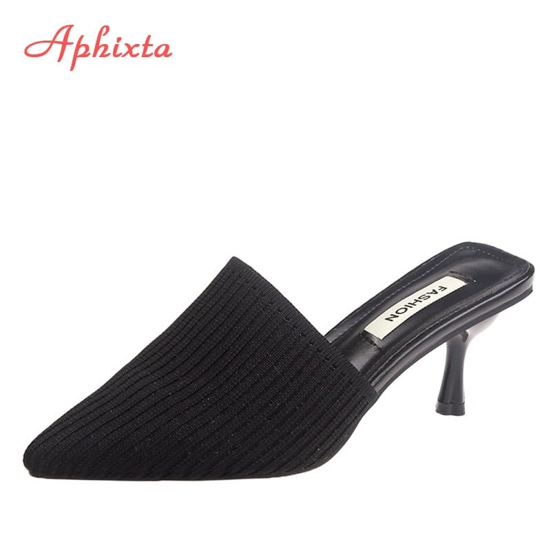 Aphixta Women Pointed Toe Slipper Knit Mesh Breathable High heels Mules slippers Slip on Summer Shoes Thin Heel Ladies Slides