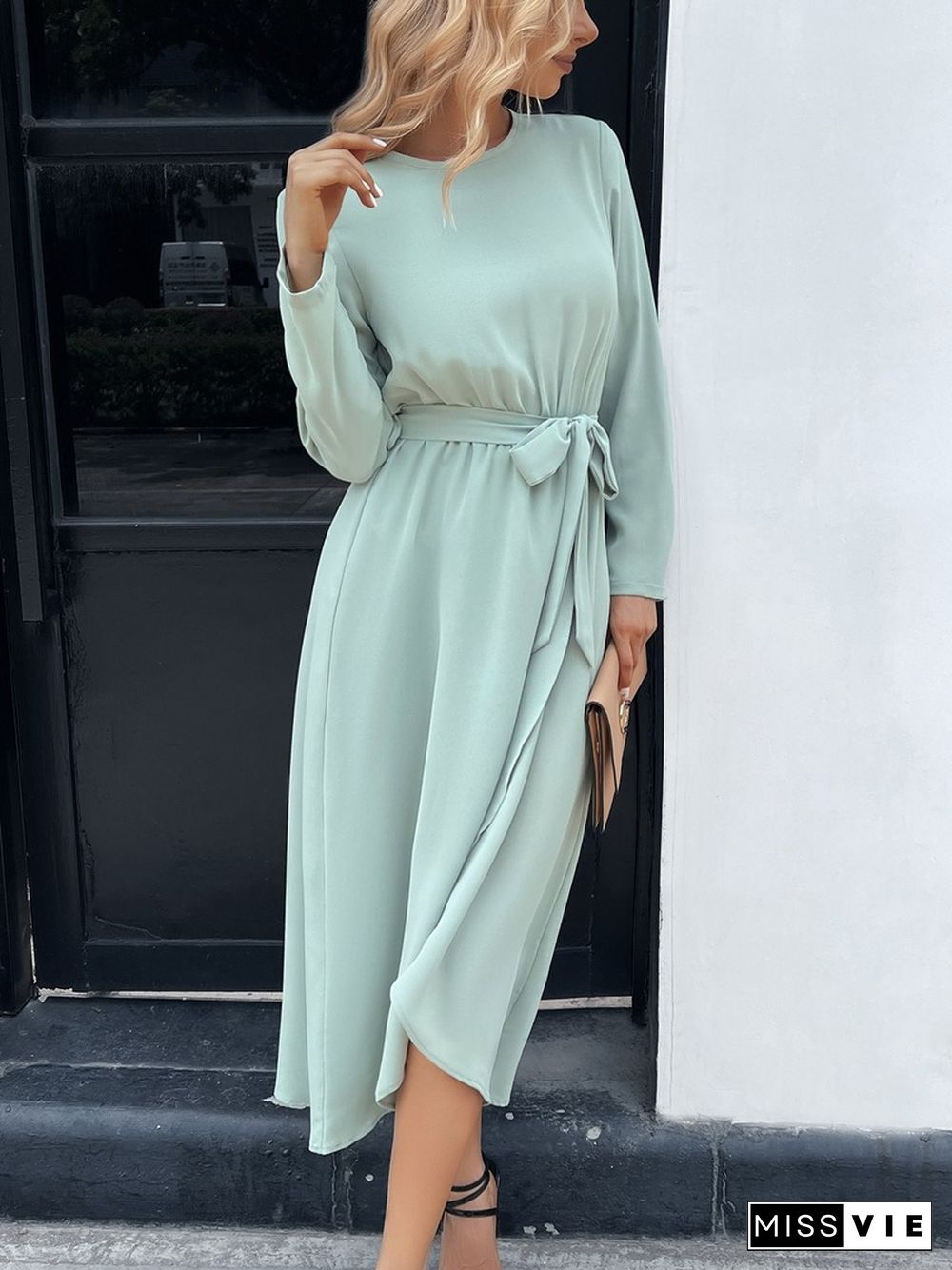 Elegant Fashion Hem Split Dress For Women Spring Dresses Solid Color Lace Up Skinny Long Sleeve A-line Midi Dress