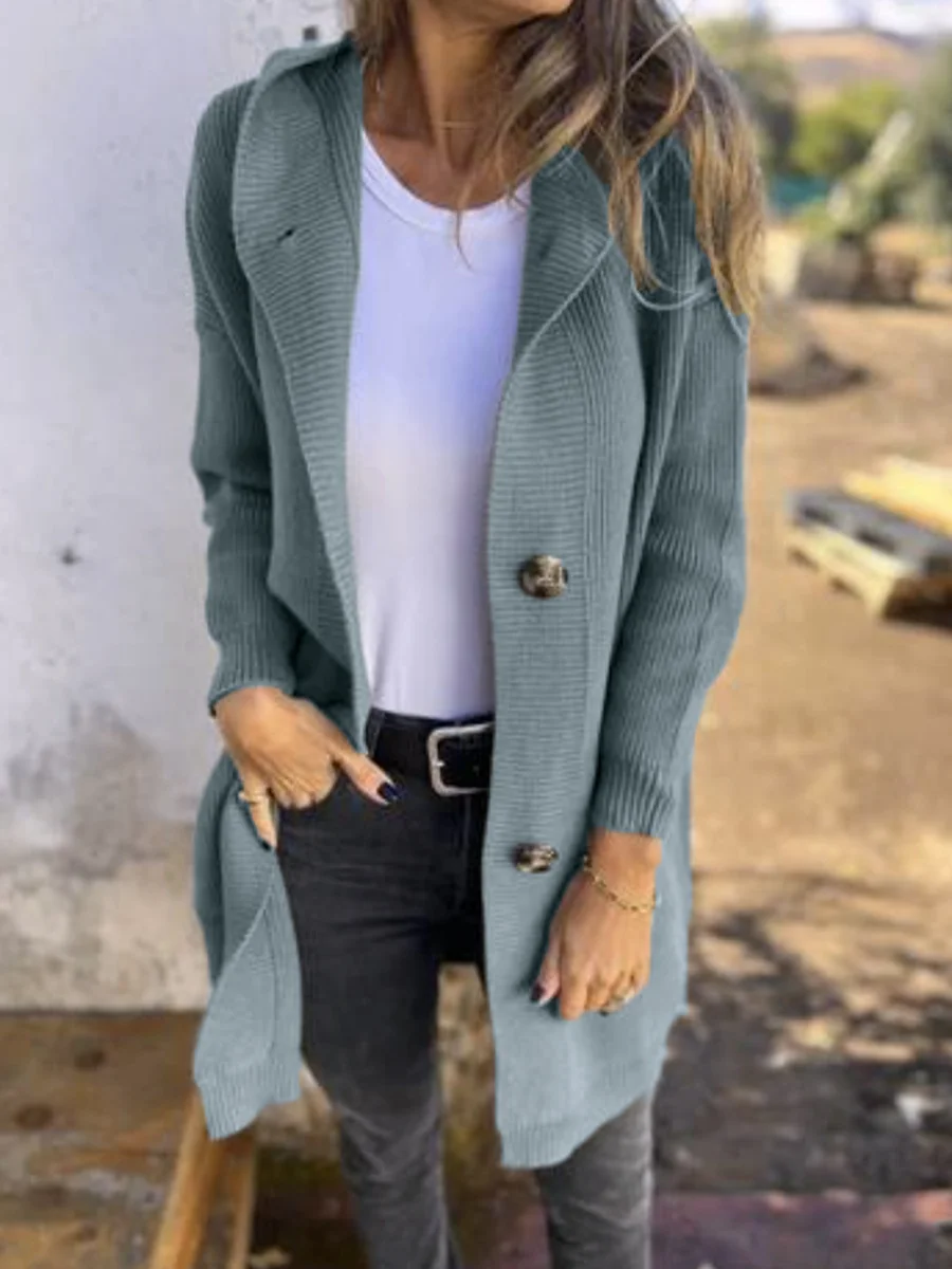 Athvotar Athvotar And Winter New Solid-Color Hooded Knitted Cardigan Women's Long-Sleeved Sweater Coat Loose Single-Dbutton Pocket Coat