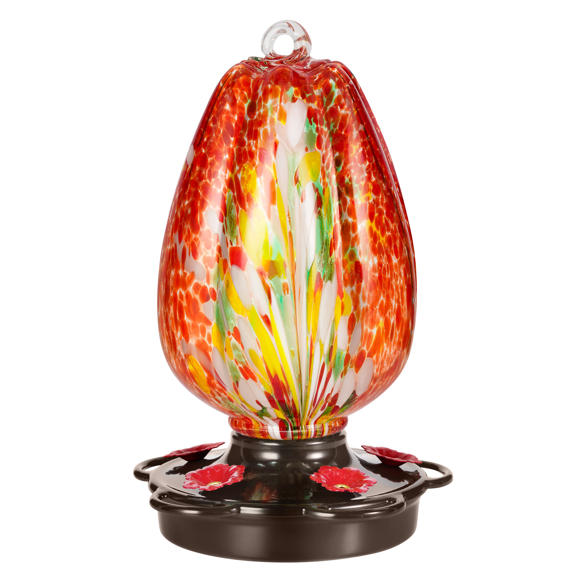 LUJOIN Tulip Shaped Hummingbird Feeder for Outdoors Hanging, Hand Blown Glass, 28 fl.oz, Leak Proof & Rustproof, Includes an Ant Moat, Metal Cover with 5 Feeding Ports, Red