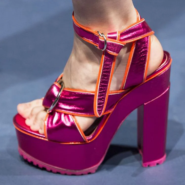 Fuchsia Chunky Heel Open Toe Platform Sandals Vdcoo