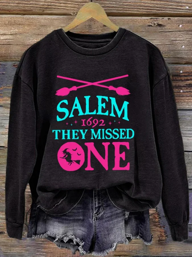 Women's Salem 1692 They Missed One Witch Printed Round Neck Long Sleeve Sweatshirt socialshop