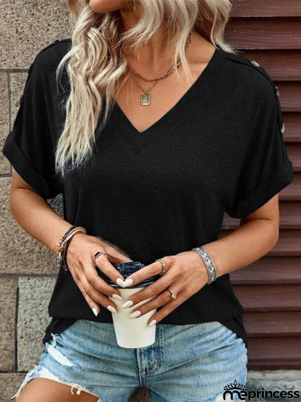 Solid Short Sleeve V-Neck Top with Buttons
