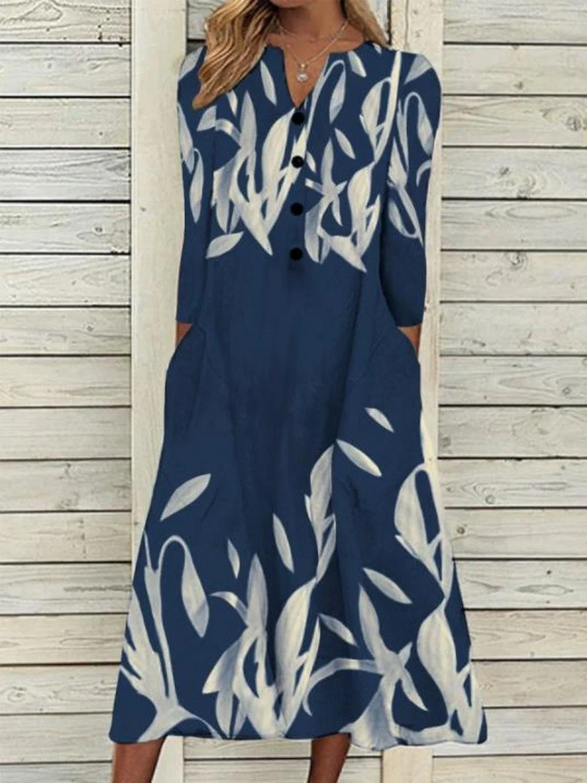 Women's V-neck Long Sleeve Printed Maxi Dress