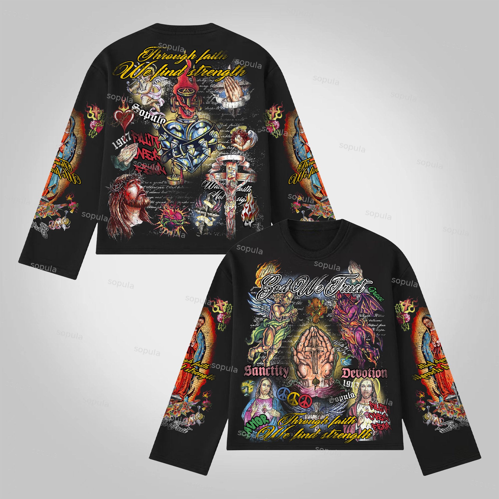 Sopula Faith In Jesus Collage Vintage Graphics Long Sleeve T-Shirt - Sopula｜Premium Graphic Tees & Graphic Clothing