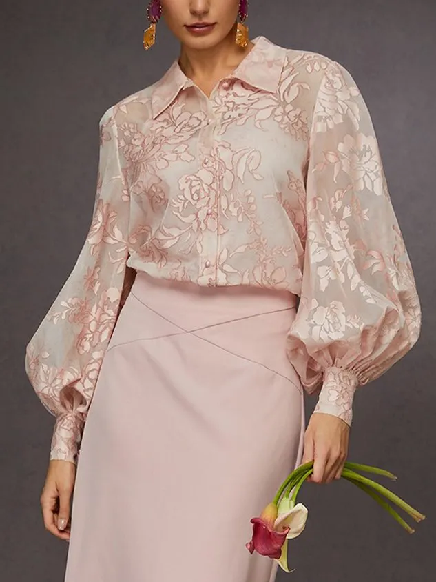 Elegant Jacquard Lantern Sleeve Button-Down Shirt mysite idetrend