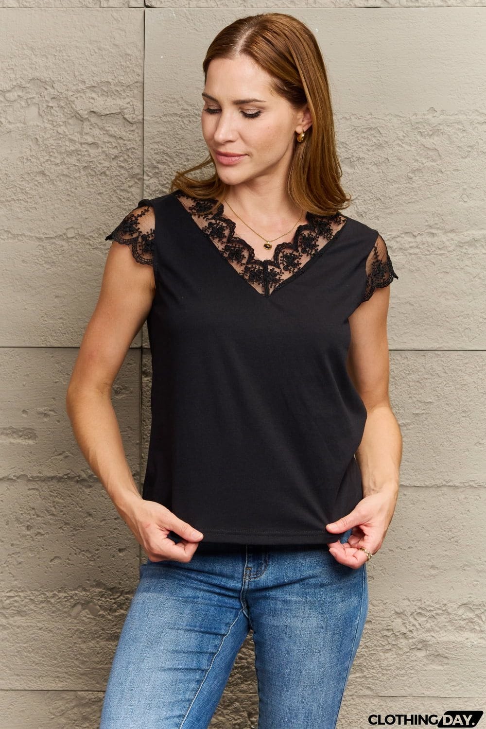 Lace Trim Cap Sleeve Blouse