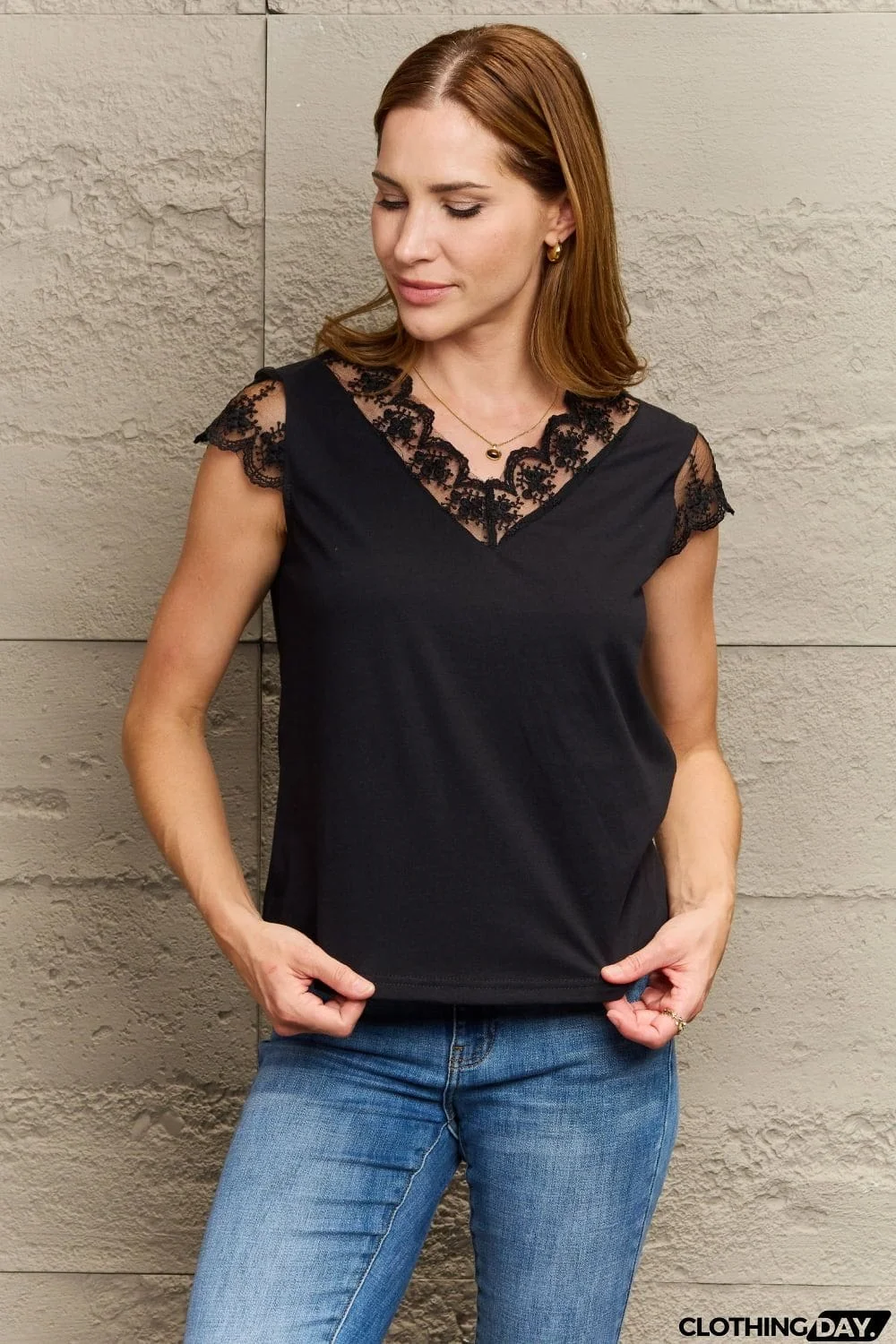 Lace Trim Cap Sleeve Blouse