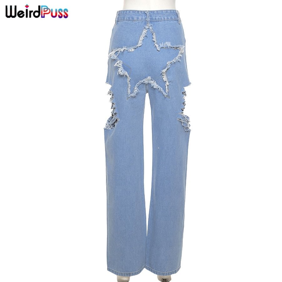 Weird Puss 5 Star Patchwork Y2K Pants Baggy Women High Waist Jeans Hip Hop Trend Hole Casual Streetwear Straight Denim Trousers