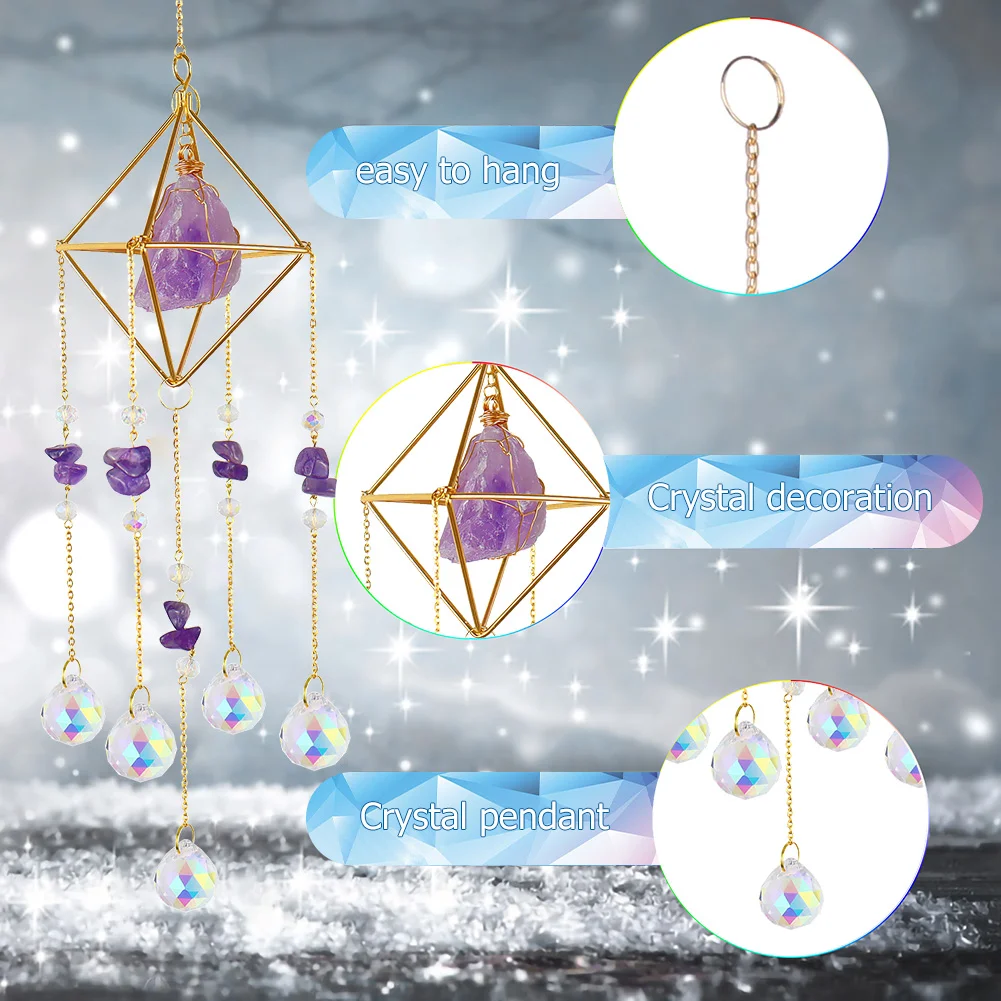 Crystal Wind Chimes Natural Stone Prism Light Catcher Garden Decor (Purple)