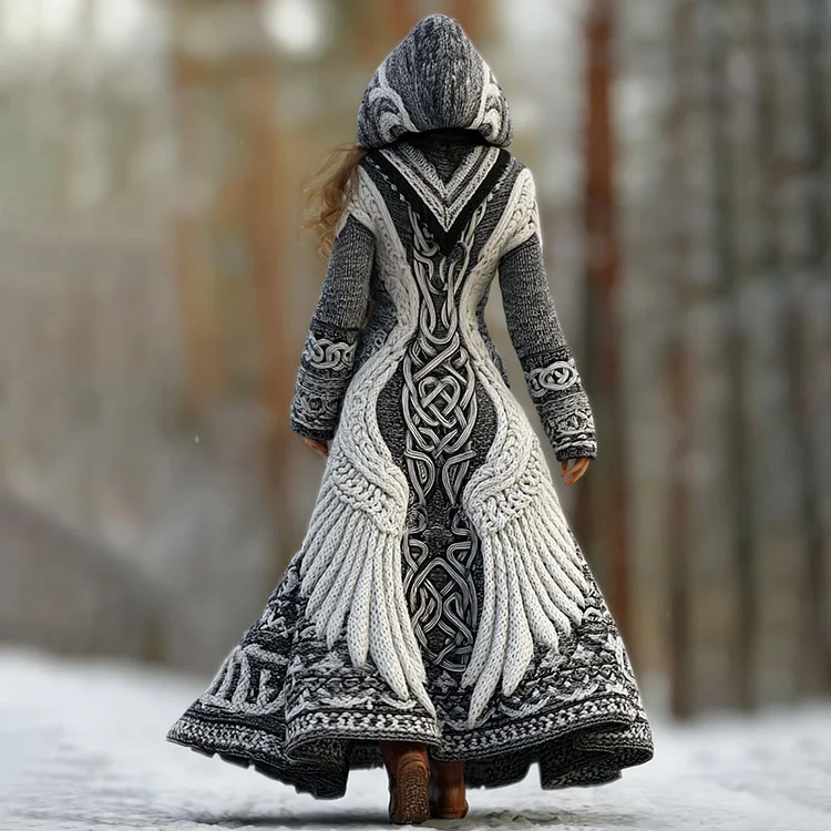 Viking Celtic Knot With Wings Art Warm And Cozy Knit Hooded Cardigan