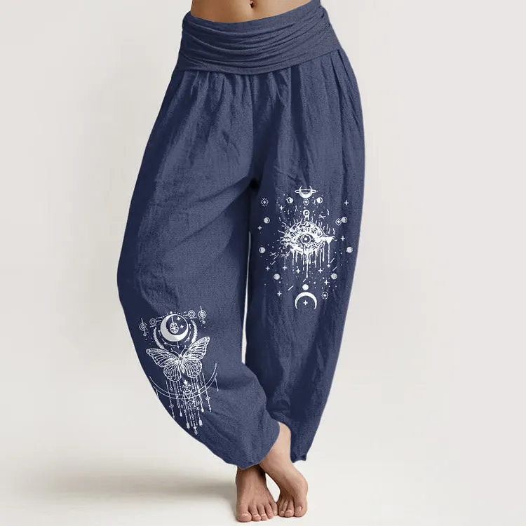 Cotton Minimalist Design Eye Moon Butterfly Pattern Women's Elastic Waist Harem Pants