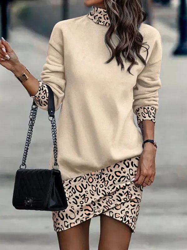 Leopard Print Turtleneck Long Sleeve Dress
