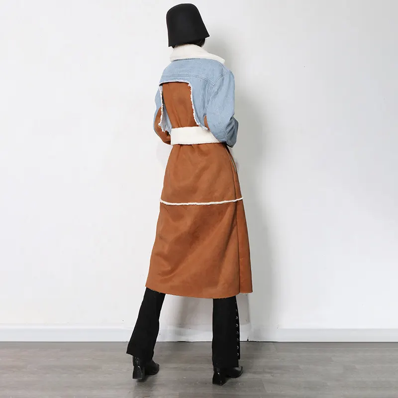 Uveng Uveng New Long Denim Splicing Lamb Wool Coat Female Lapel Waist Show Thin Temperament Fashion Coat
